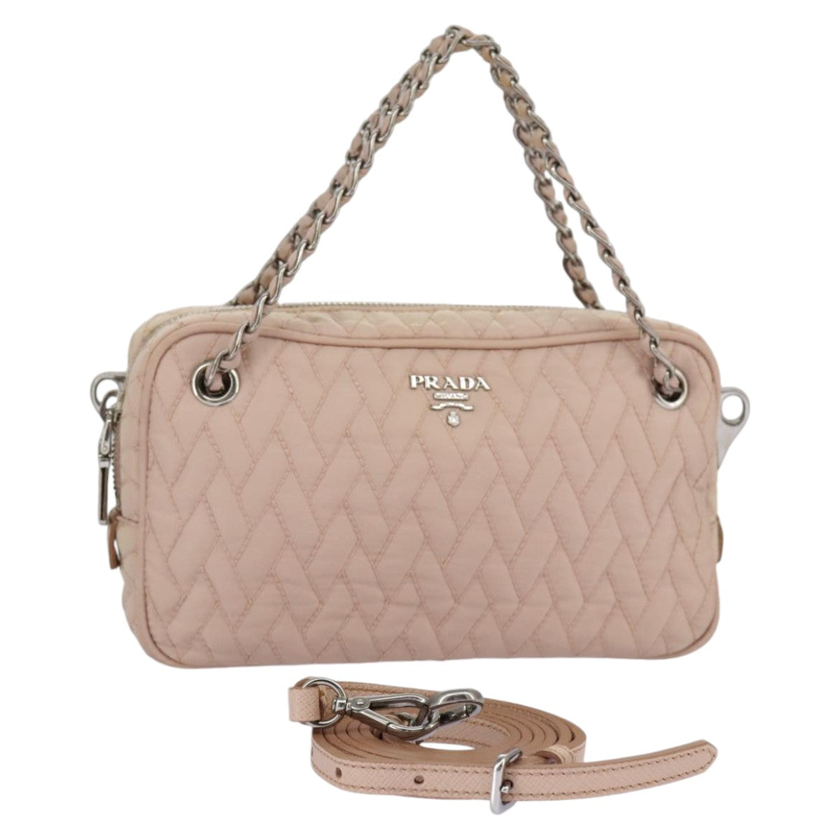 PRADA Chain Hand Bag Nylon 2way Pink Silver Auth 98099