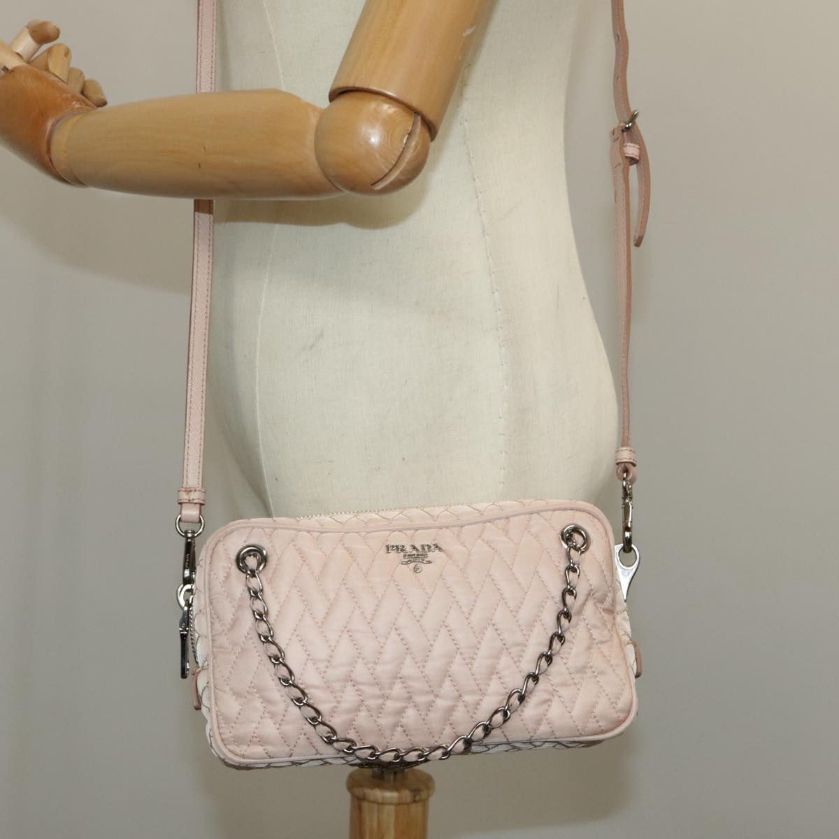 PRADA Chain Hand Bag Nylon 2way Pink Silver Auth 98099