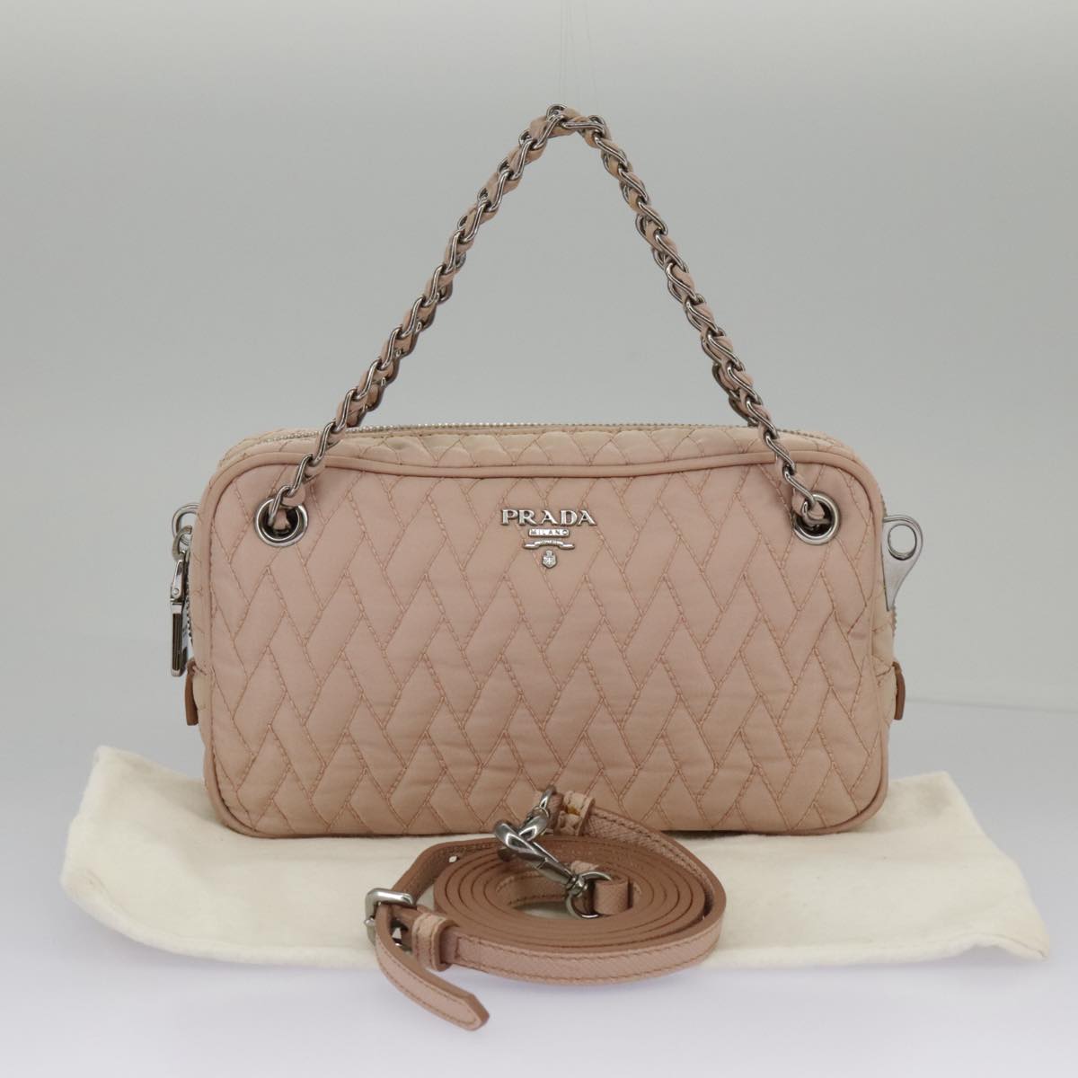 PRADA Chain Hand Bag Nylon 2way Pink Silver Auth 98099