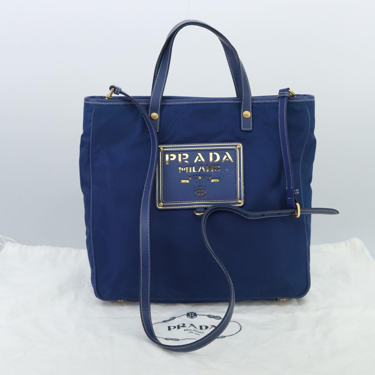 PRADA Hand Bag Nylon 2way Blue Gold Auth 98102