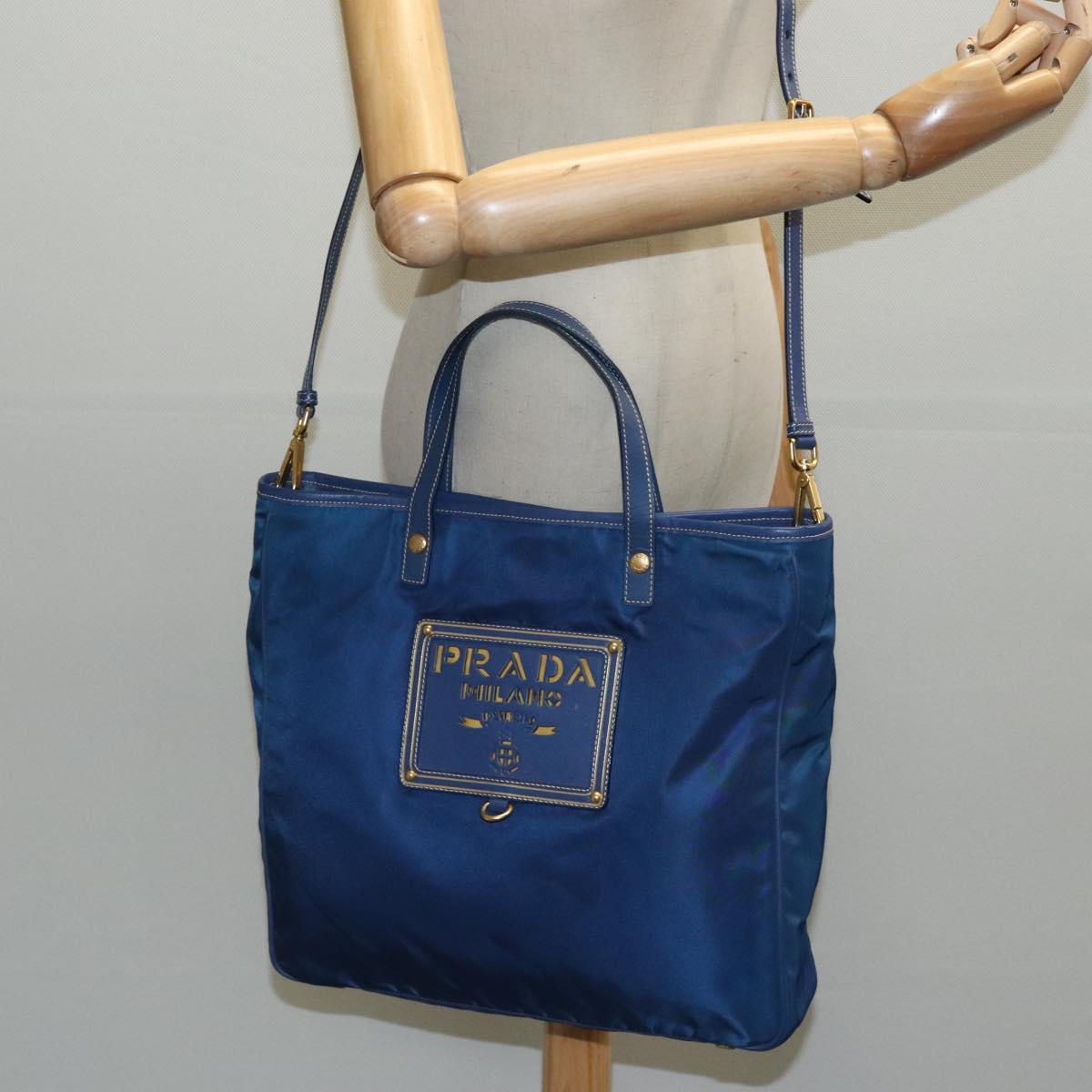 PRADA Hand Bag Nylon 2way Blue Gold Auth 98102