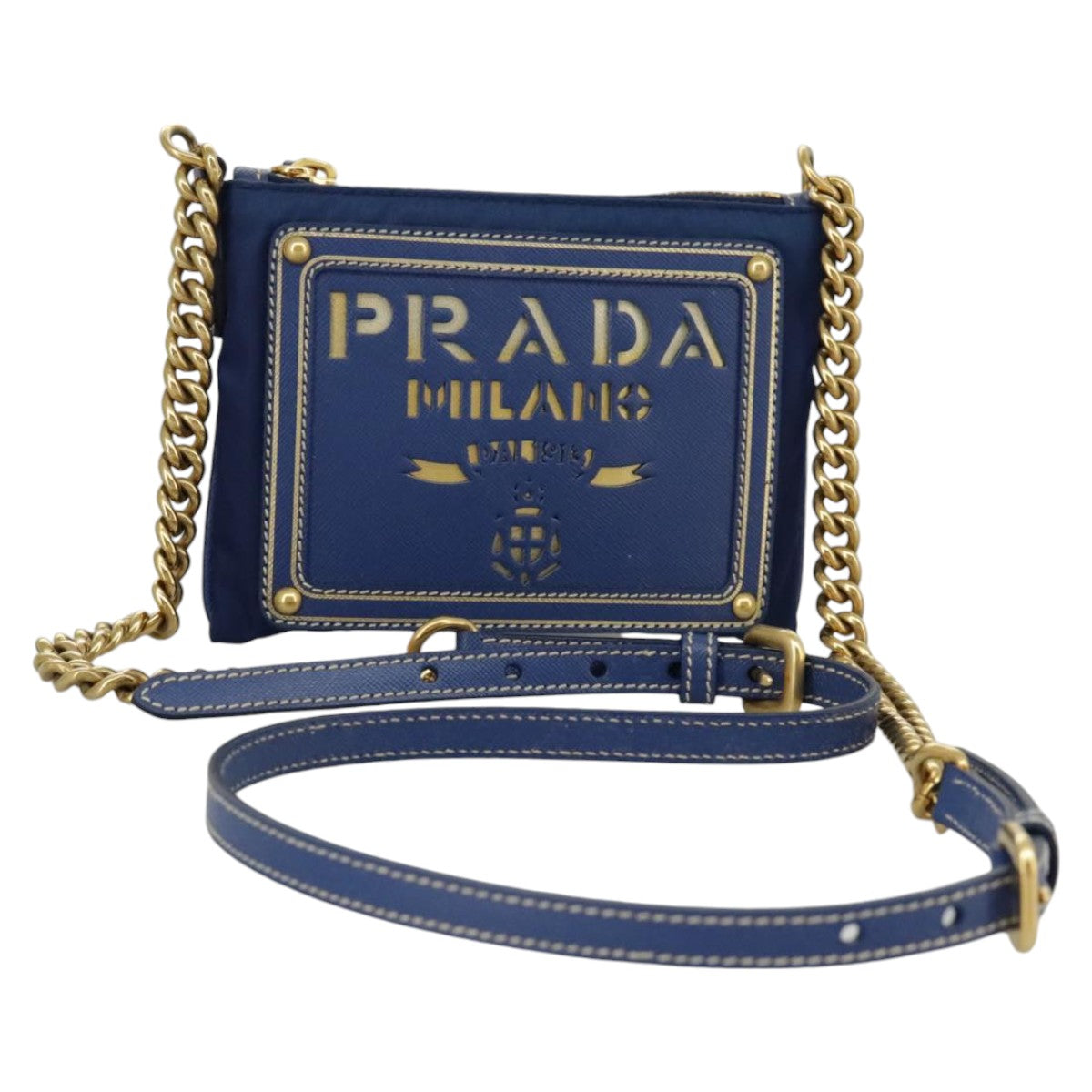 PRADA Chain Accessory Pouch Nylon Blue Gold Auth 98103