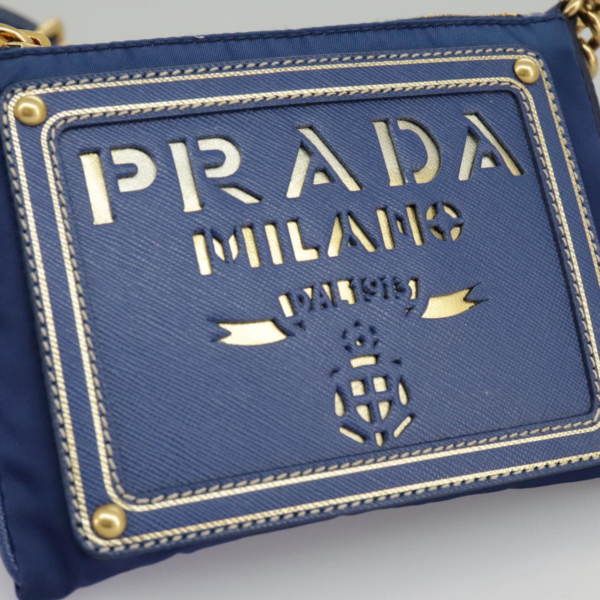 PRADA Chain Accessory Pouch Nylon Blue Gold Auth 98103