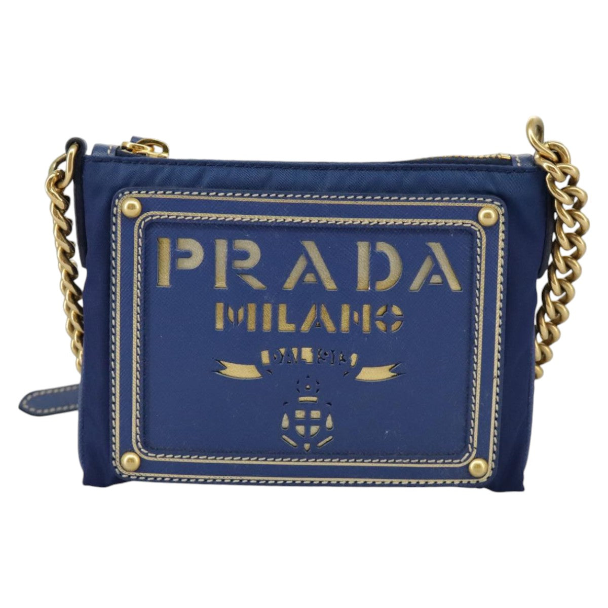 PRADA Chain Accessory Pouch Nylon Blue Gold Auth 98103