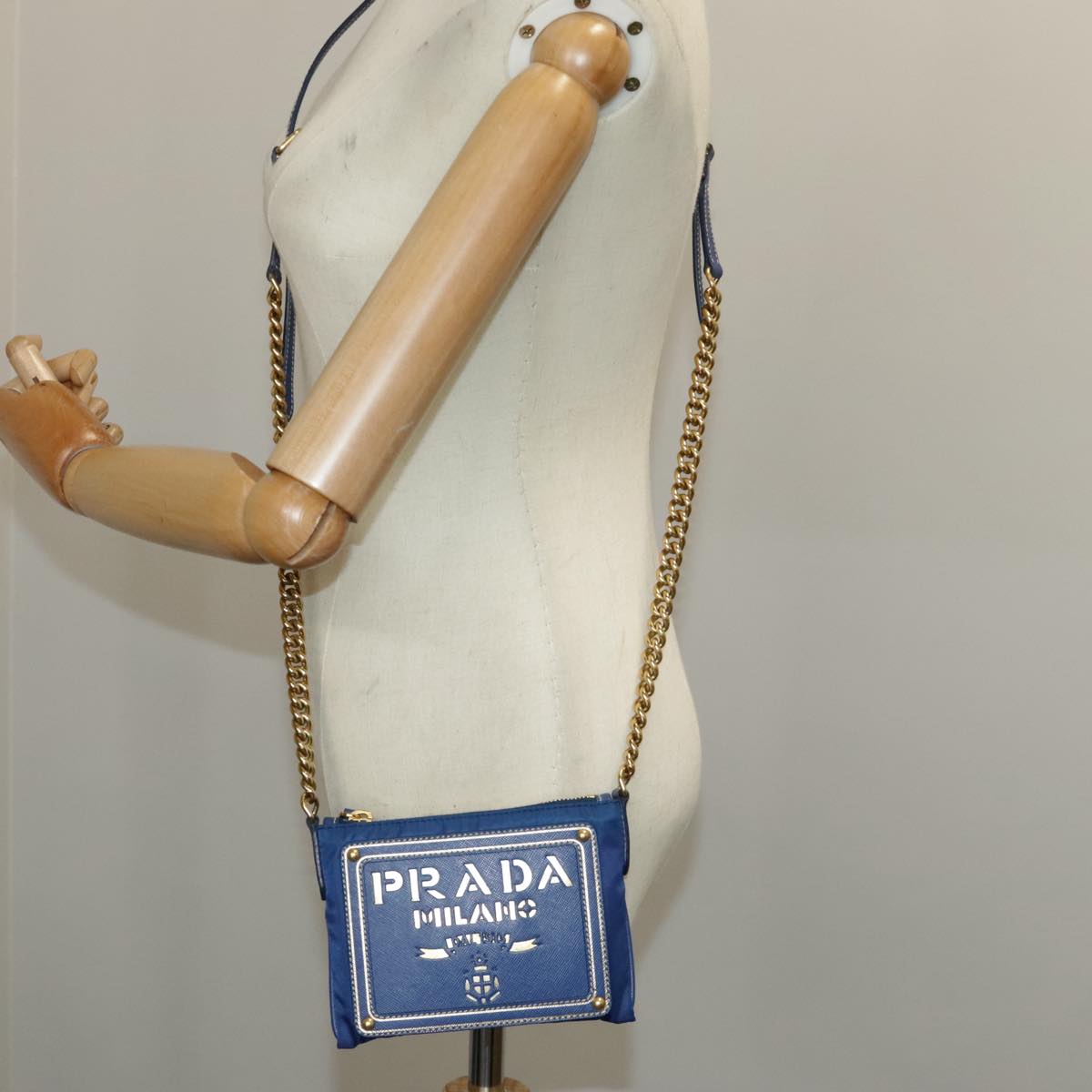 PRADA Chain Accessory Pouch Nylon Blue Gold Auth 98103