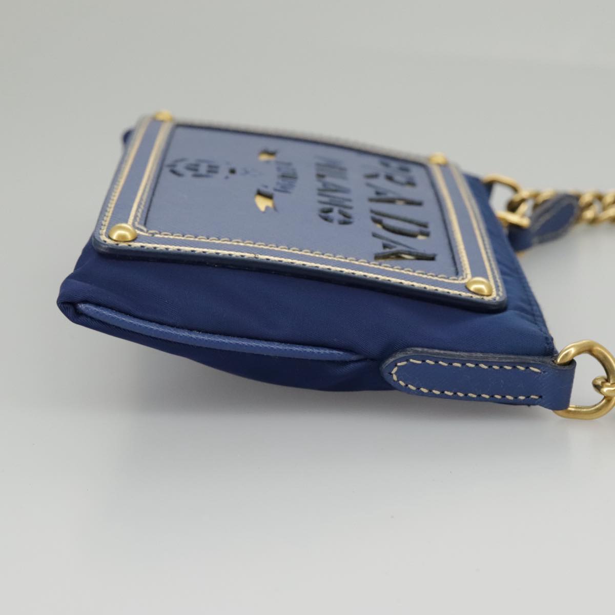 PRADA Chain Accessory Pouch Nylon Blue Gold Auth 98103