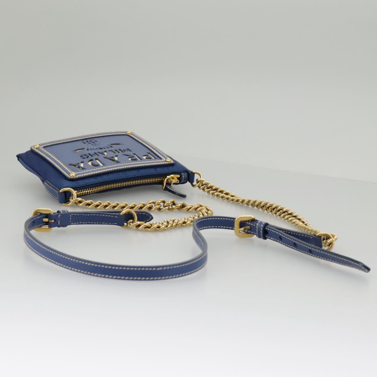 PRADA Chain Accessory Pouch Nylon Blue Gold Auth 98103