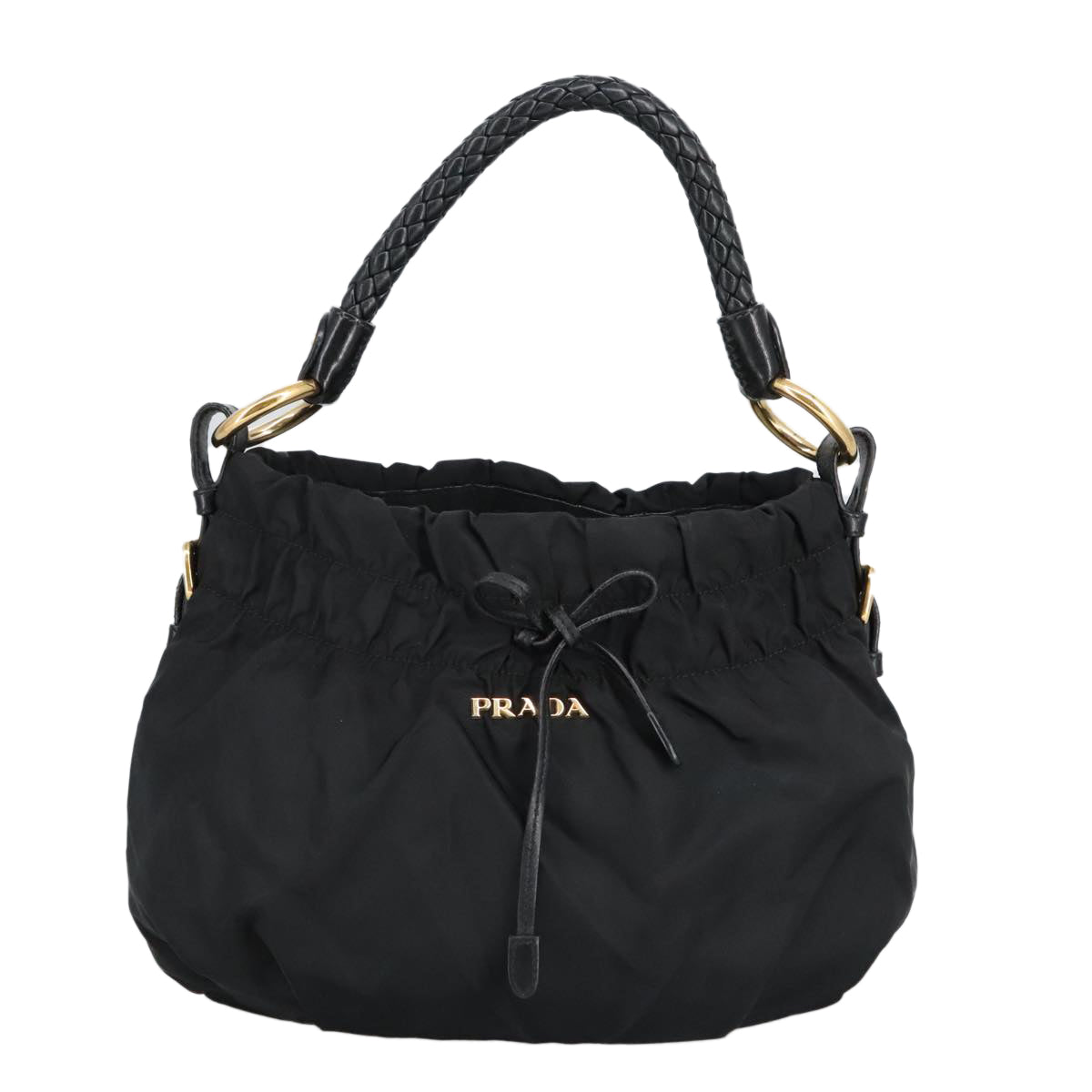 PRADA Shoulder Bag Nylon Black Gold Auth 98106