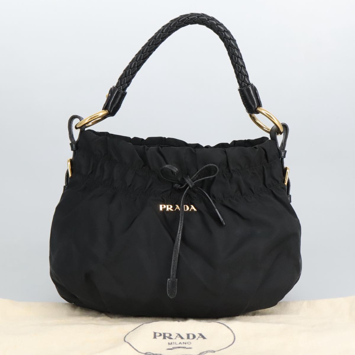 PRADA Shoulder Bag Nylon Black Gold Auth 98106