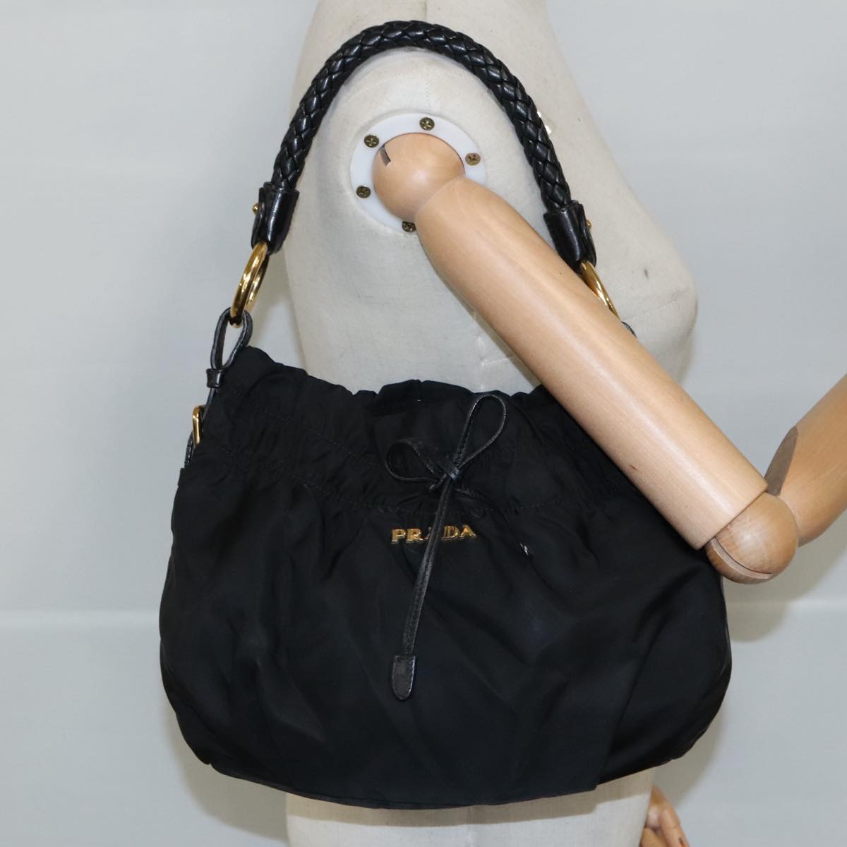 PRADA Shoulder Bag Nylon Black Gold Auth 98106