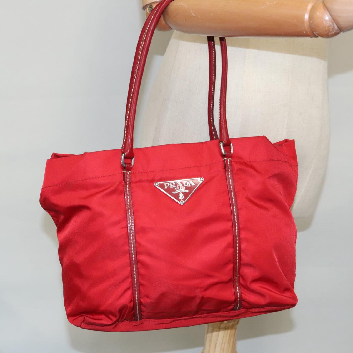 PRADA Hand Bag Nylon Red Silver Auth 98107