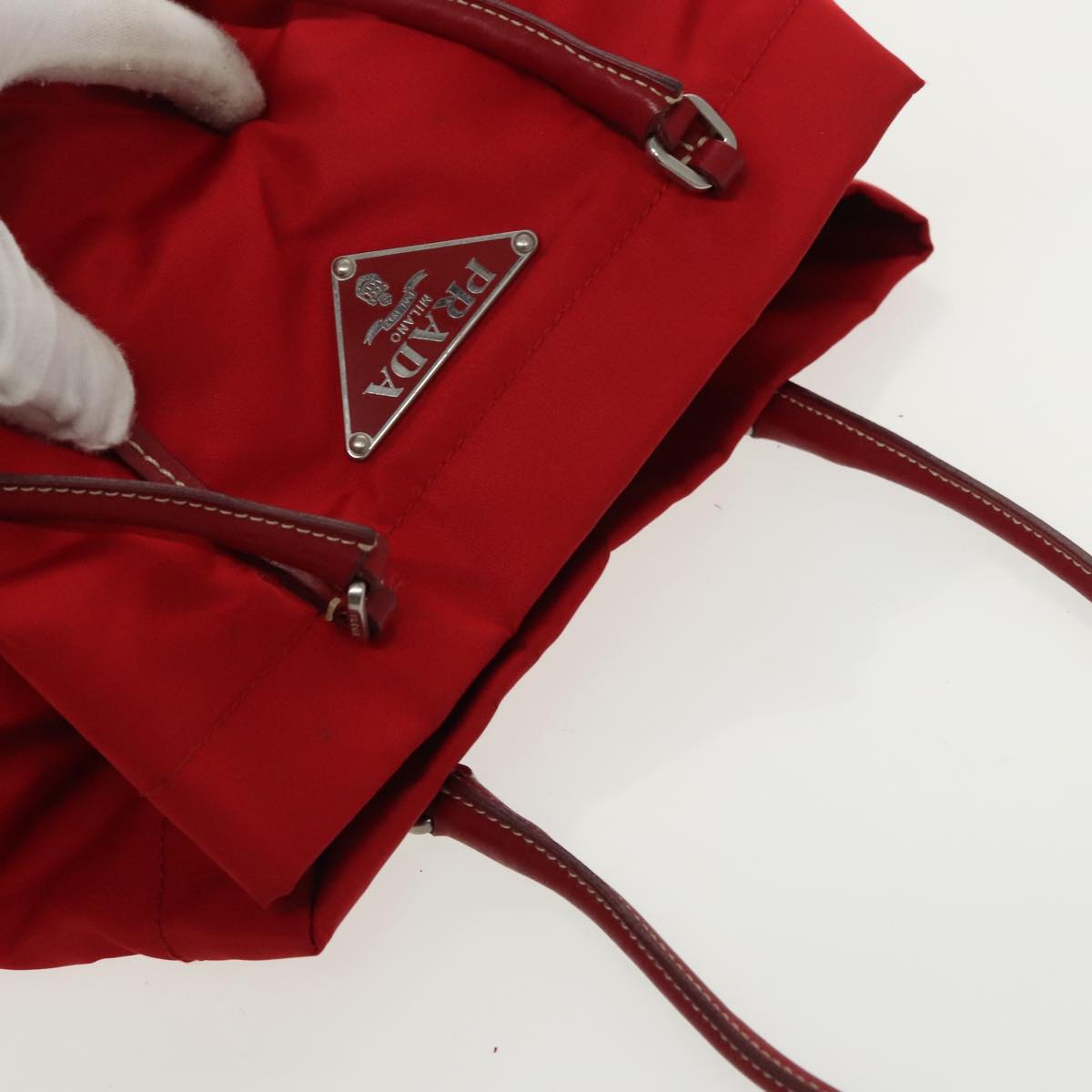 PRADA Hand Bag Nylon Red Silver Auth 98107