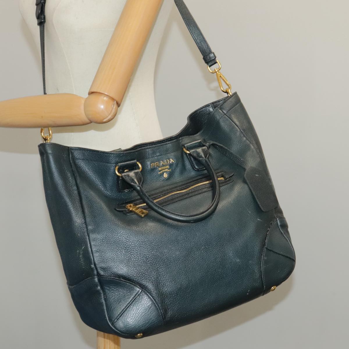 PRADA Hand Bag Leather 2way Navy Gold Auth 98109