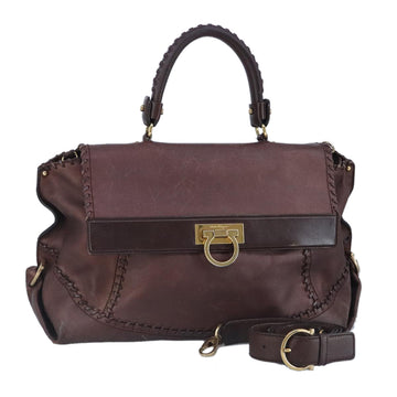 Salvatore Ferragamo Gancini Sofia Hand Bag Leather 2way Brown Gold Auth 98113