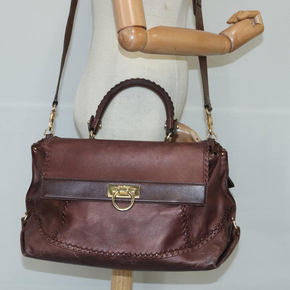 Salvatore Ferragamo Gancini Sofia Hand Bag Leather 2way Brown Gold Auth 98113