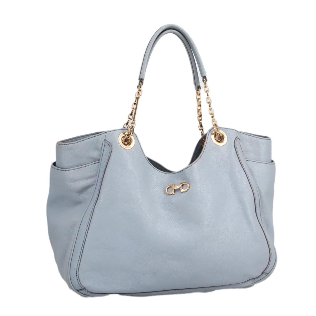 Salvatore Ferragamo Shoulder Bag Leather Light Blue Gold Auth 98116