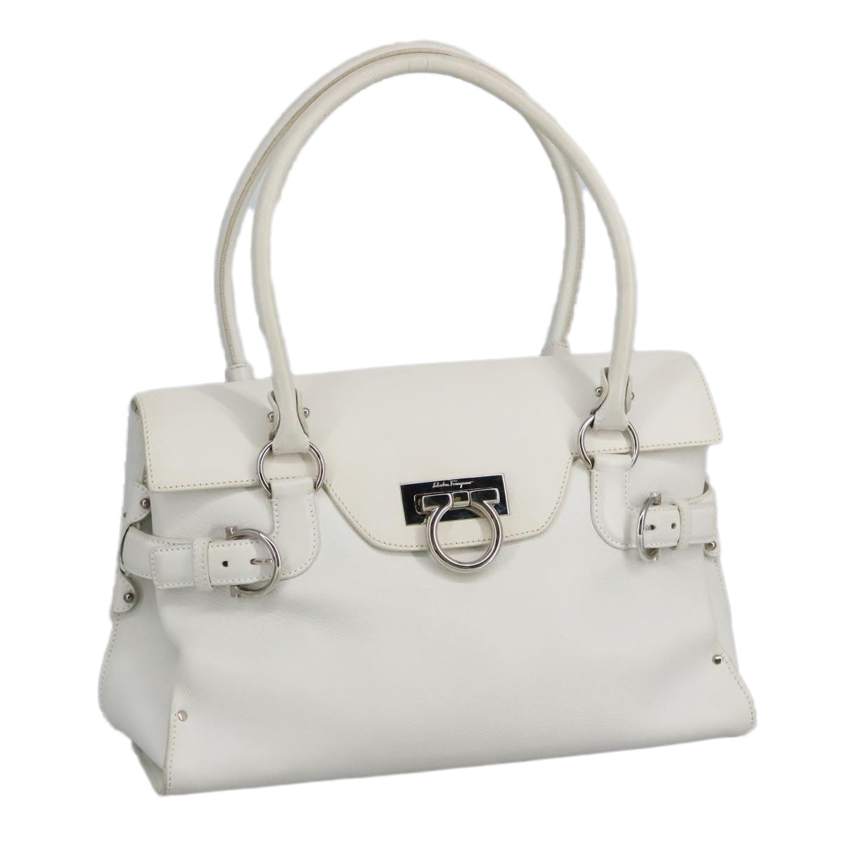 Salvatore Ferragamo Gancini Shoulder Bag Leather White Silver Auth 98118