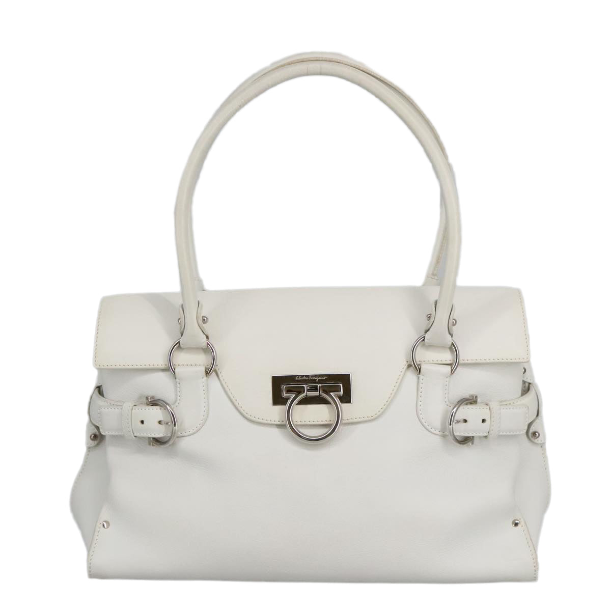 Salvatore Ferragamo Gancini Shoulder Bag Leather White Silver Auth 98118