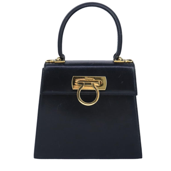 Salvatore Ferragamo Gancini Hand Bag Leather 2way Navy Gold Auth 98122