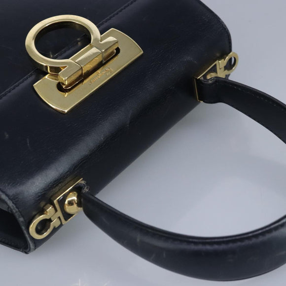 Salvatore Ferragamo Gancini Hand Bag Leather 2way Navy Gold Auth 98122