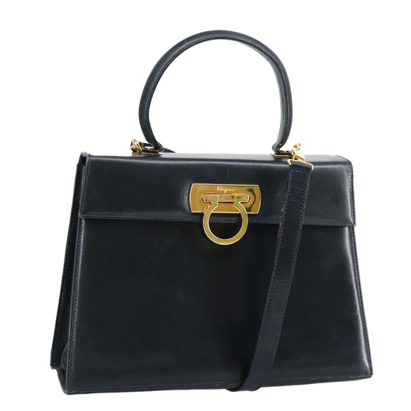 Salvatore Ferragamo Gancini Hand Bag Leather 2way Navy Gold Auth 98125