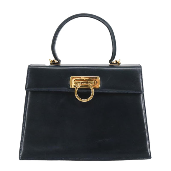 Salvatore Ferragamo Gancini Hand Bag Leather 2way Navy Gold Auth 98125