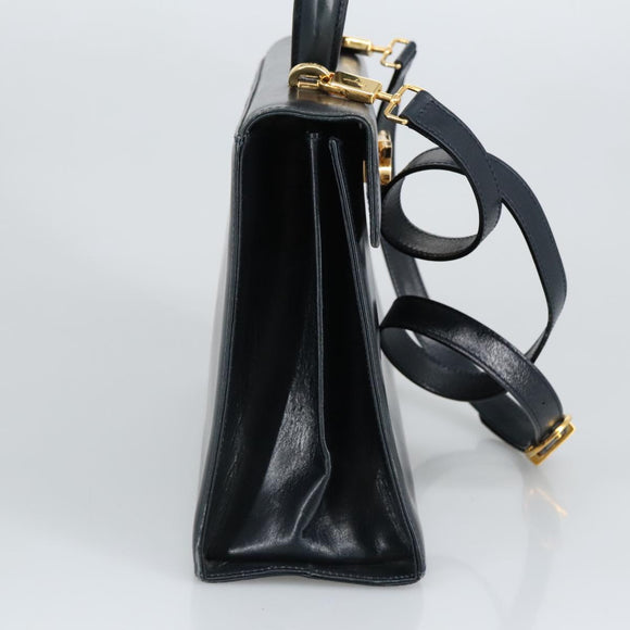 Salvatore Ferragamo Gancini Hand Bag Leather 2way Navy Gold Auth 98125