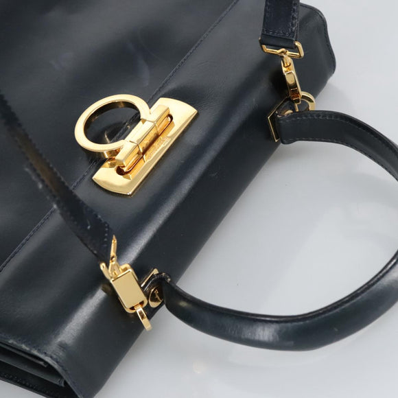 Salvatore Ferragamo Gancini Hand Bag Leather 2way Navy Gold Auth 98125