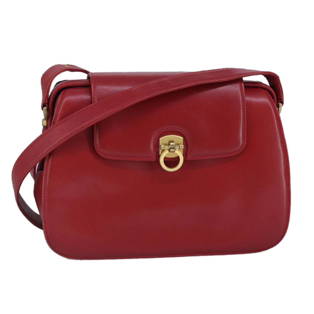 GUCCI Shoulder Bag Leather Red Gold Auth 98126