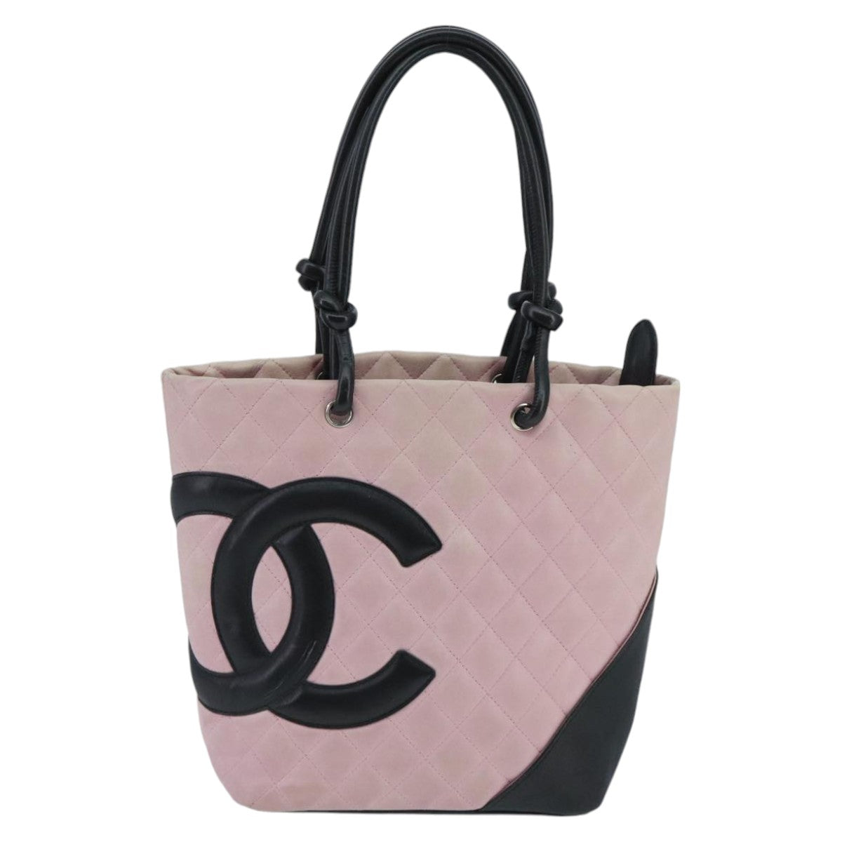 CHANEL Cambon Line Shoulder Bag Leather Black Silver pink CC Auth 98132