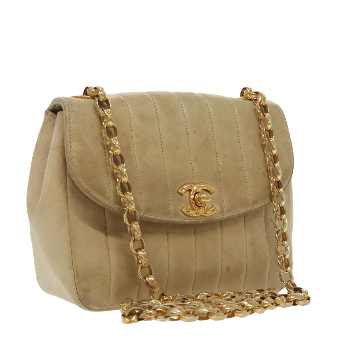 CHANEL Mademoiselle Chain Shoulder Bag Leather Beige Gold CC Auth 98133