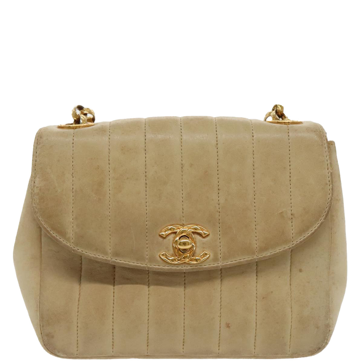 CHANEL Mademoiselle Chain Shoulder Bag Leather Beige Gold CC Auth 98133