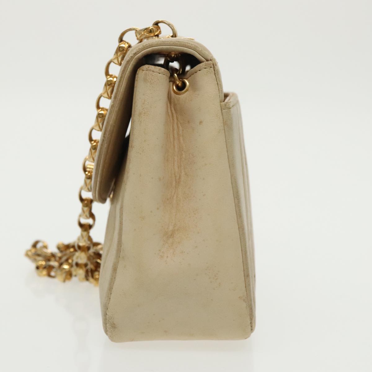 CHANEL Mademoiselle Chain Shoulder Bag Leather Beige Gold CC Auth 98133