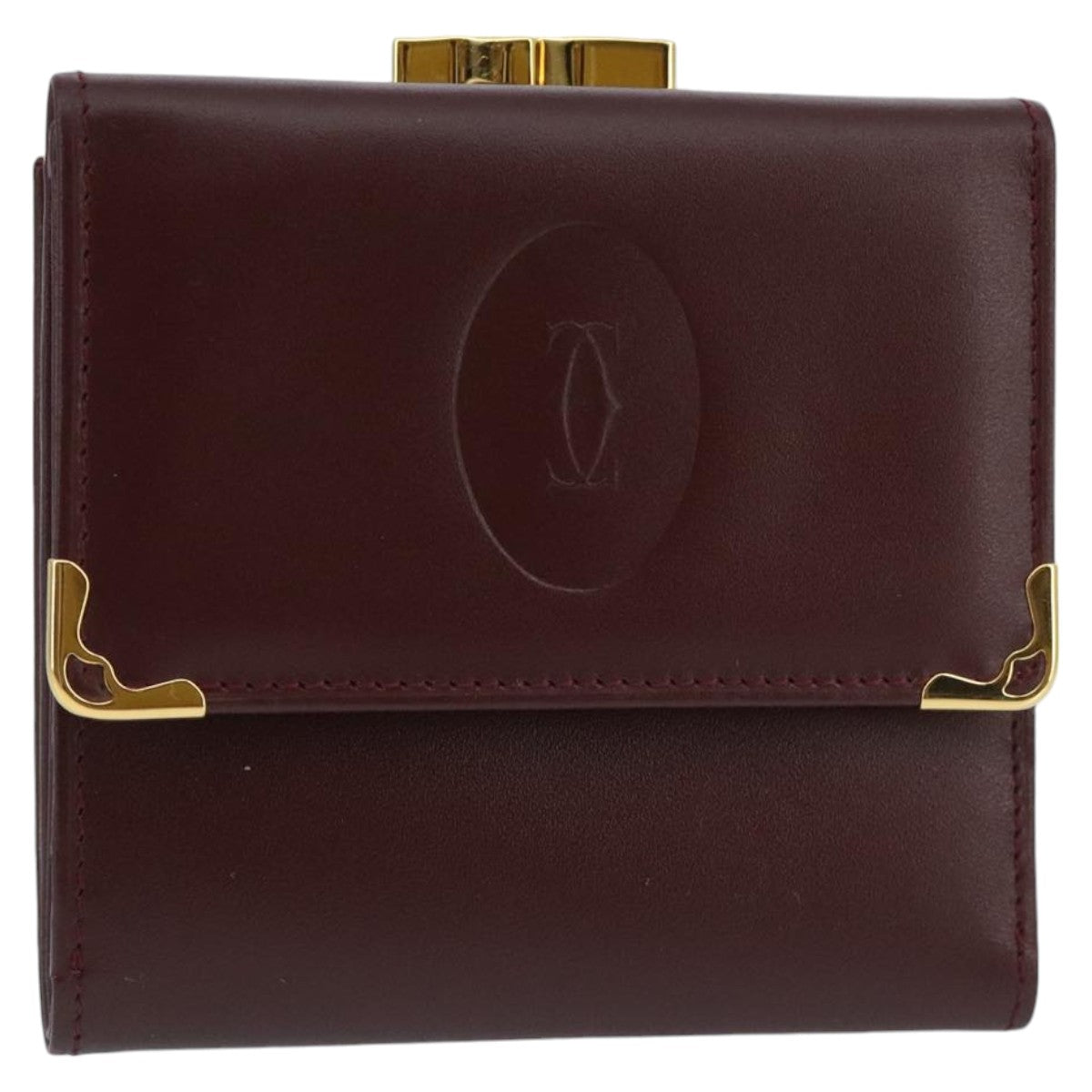 CARTIER Wallet Leather Gold Wine Red Auth 98141A