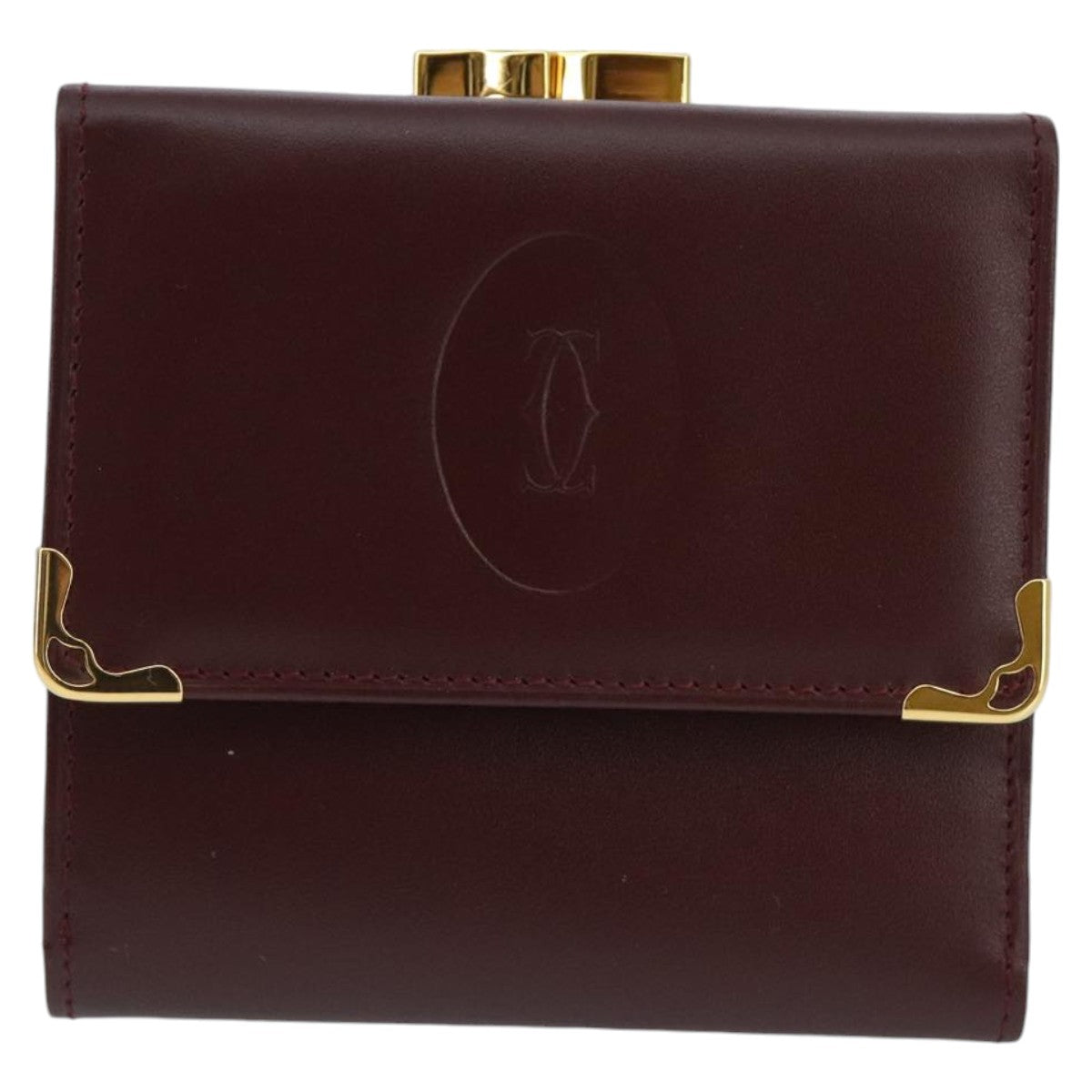 CARTIER Wallet Leather Gold Wine Red Auth 98141A