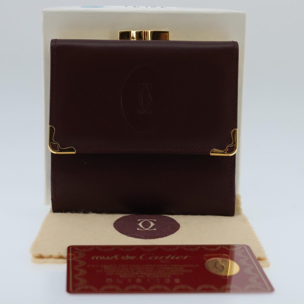 CARTIER Wallet Leather Gold Wine Red Auth 98141A