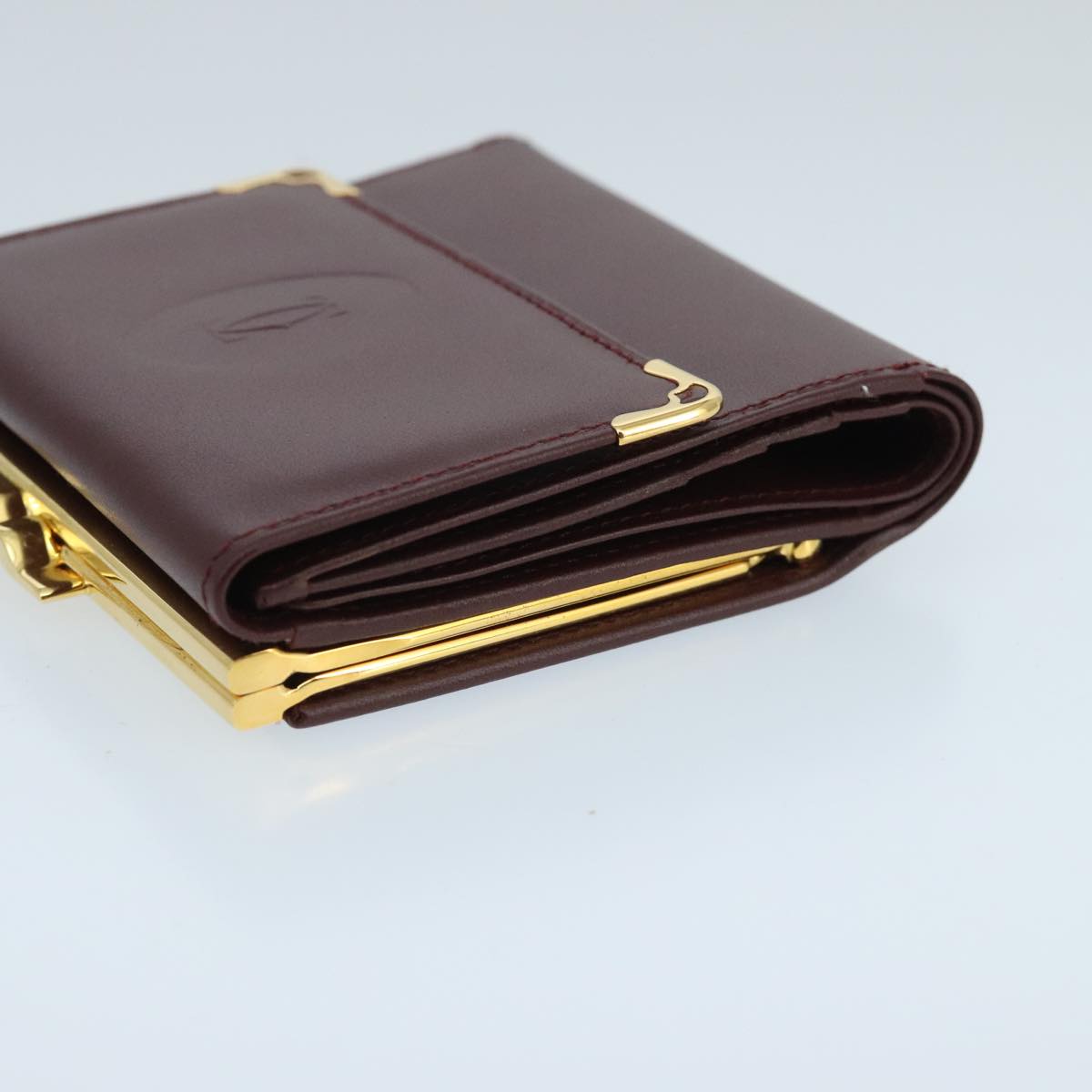 CARTIER Wallet Leather Gold Wine Red Auth 98141A