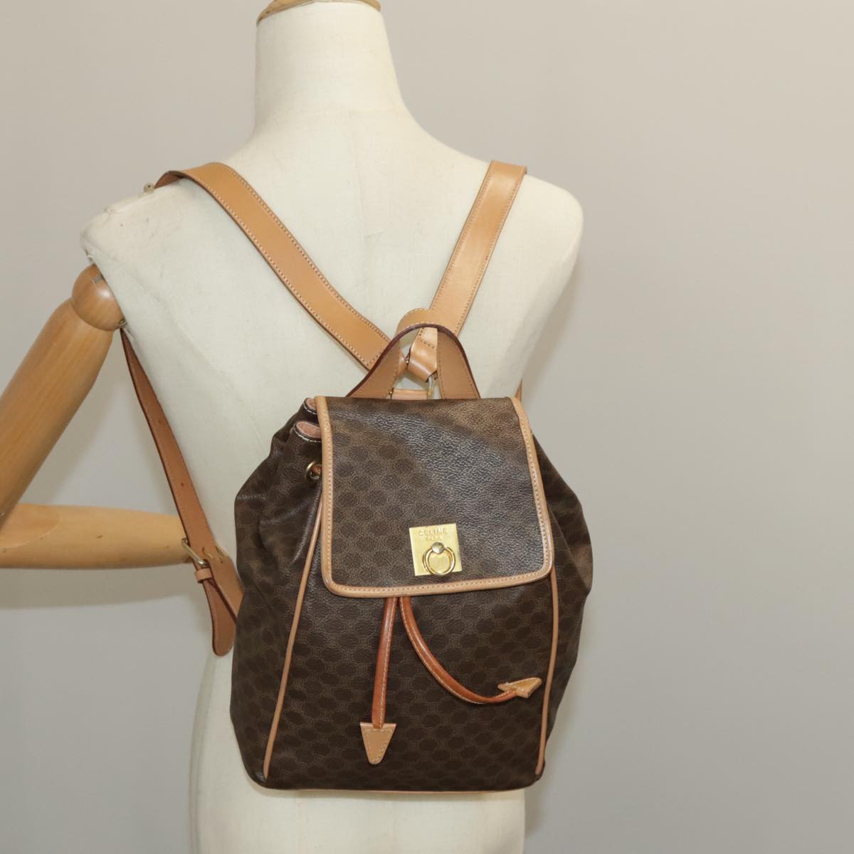 CELINE Macadam Canvas Backpack PVC Leather Brown Gold Auth 98144