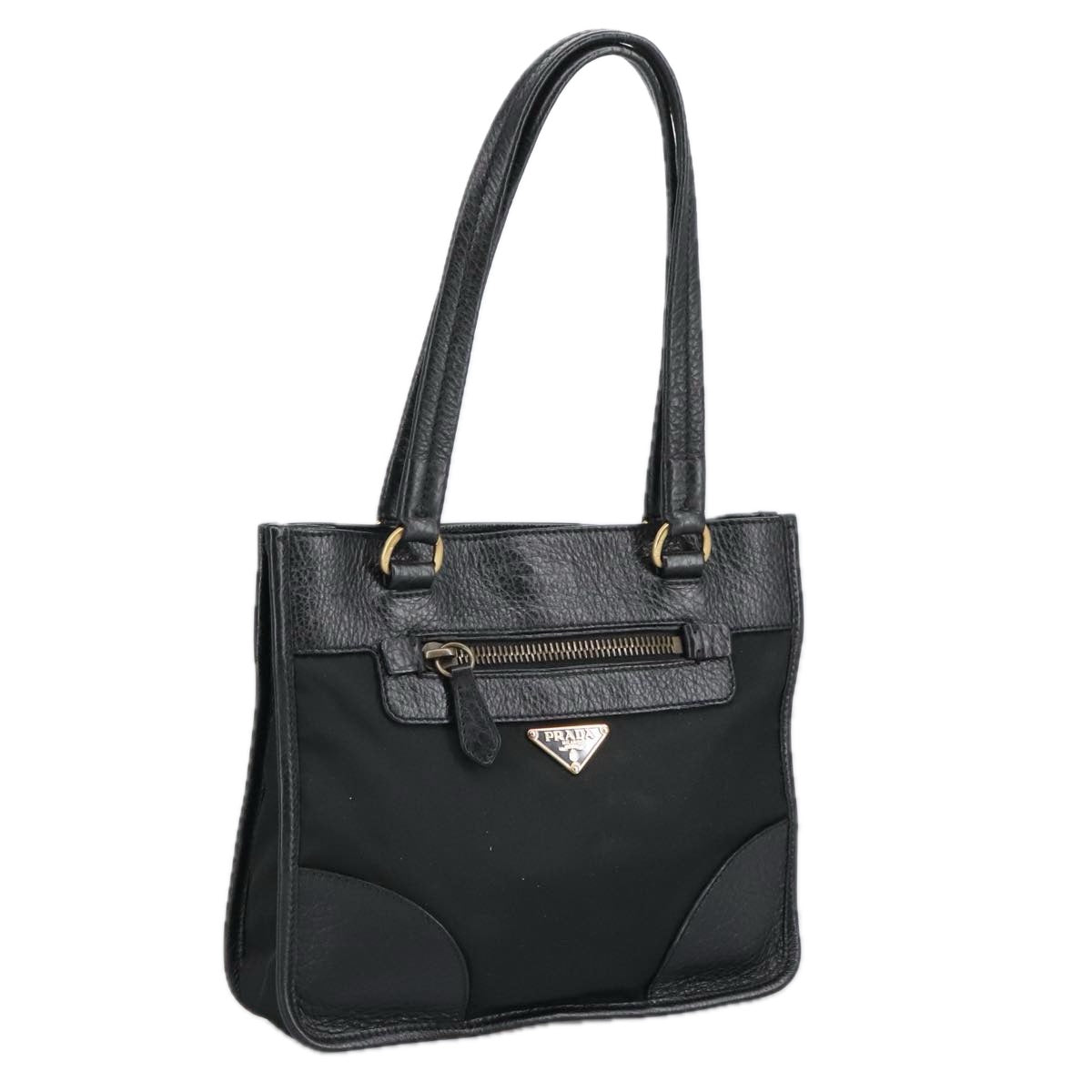 PRADA Tote Bag Nylon Leather Black Gold Auth 98214