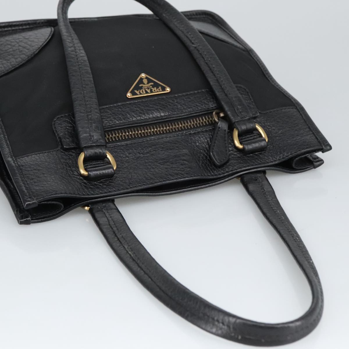 PRADA Tote Bag Nylon Leather Black Gold Auth 98214