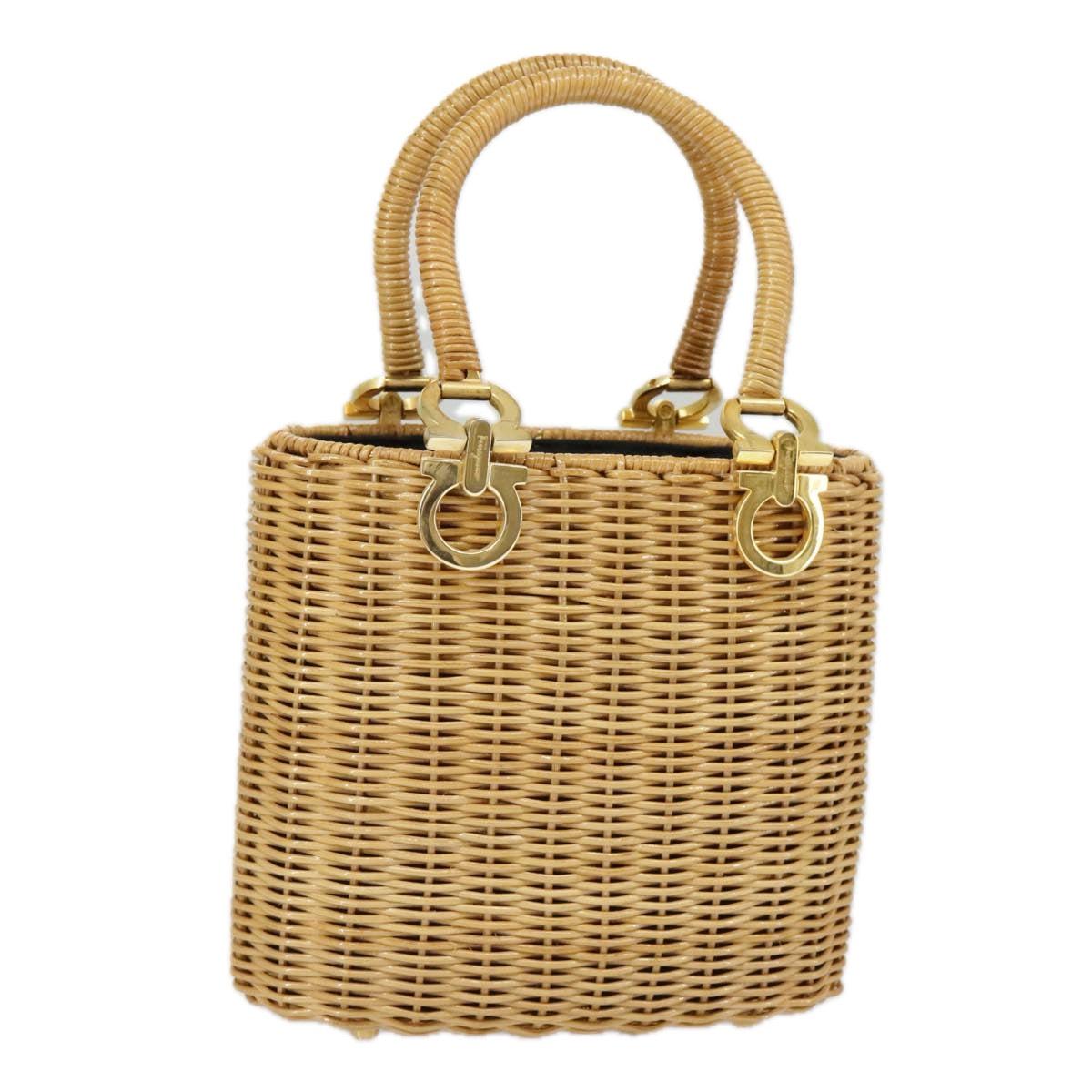 Salvatore Ferragamo Gancini Hand Bag Raffia Beige Gold Auth 98222A