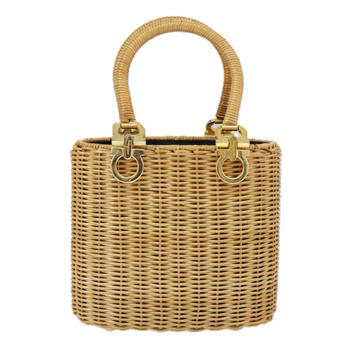 Salvatore Ferragamo Gancini Hand Bag Raffia Beige Gold Auth 98222A