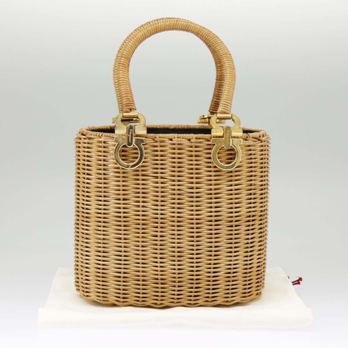 Salvatore Ferragamo Gancini Hand Bag Raffia Beige Gold Auth 98222A