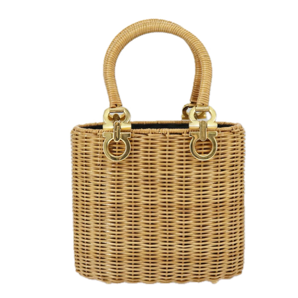 Salvatore Ferragamo Gancini Hand Bag Raffia Beige Gold Auth 98222A - 0