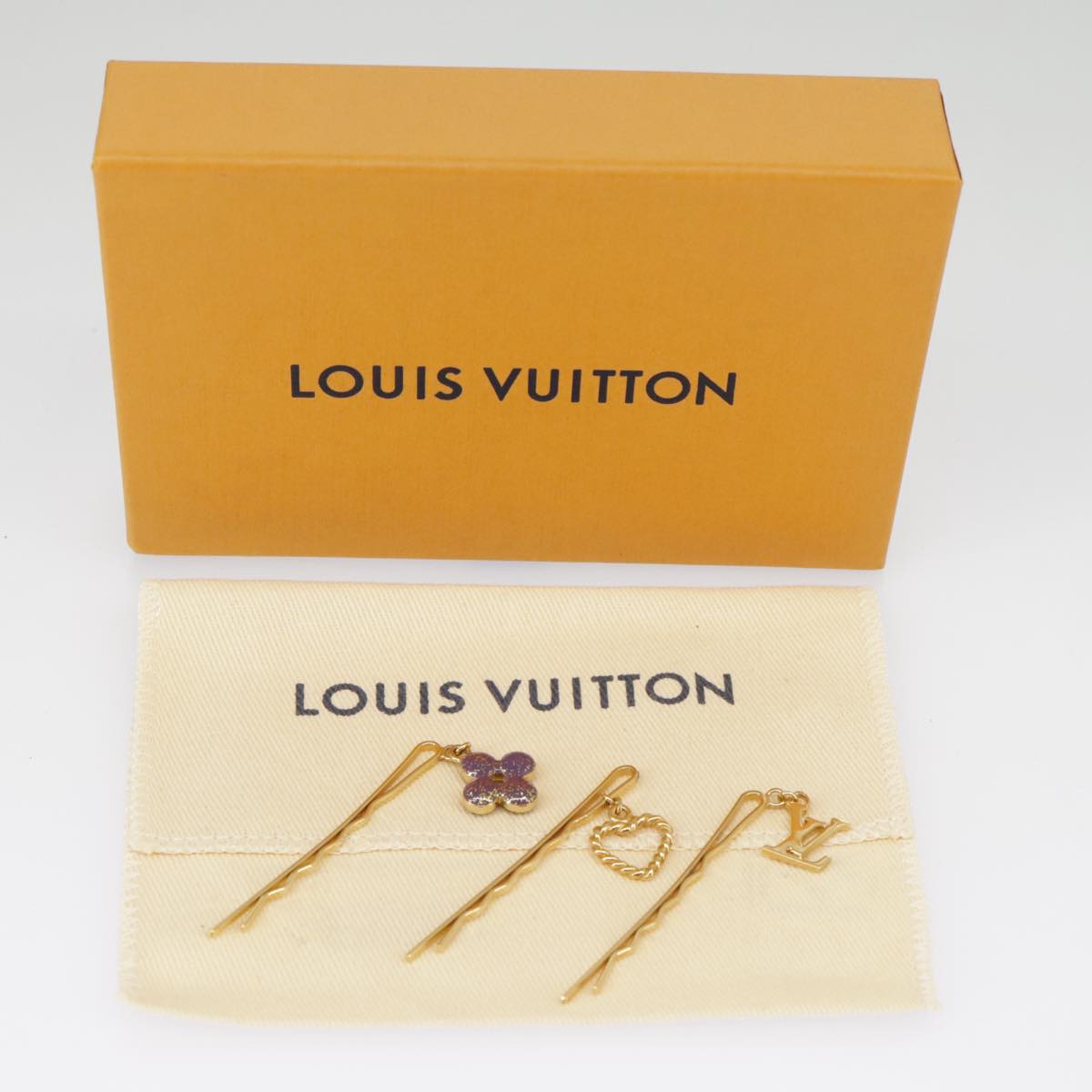 LOUIS VUITTON Hairpin metal 3Set Gold LV Auth 98225