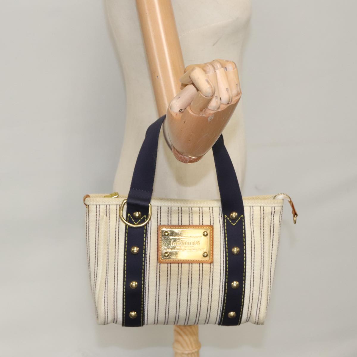 LOUIS VUITTON Antigua Cabas PM Tote Bag White Navy M40134 LV Auth 98277