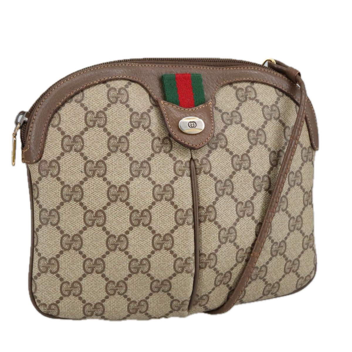 GUCCI GG Supreme Web Sherry Line Shoulder Bag PVC Beige Gold Auth 98279