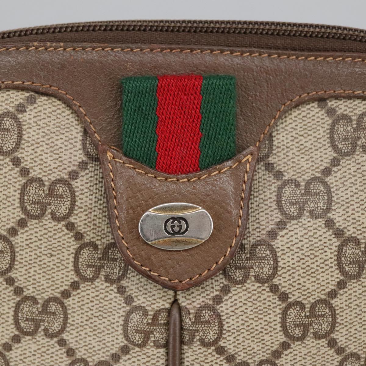 GUCCI GG Supreme Web Sherry Line Shoulder Bag PVC Beige Gold Auth 98279