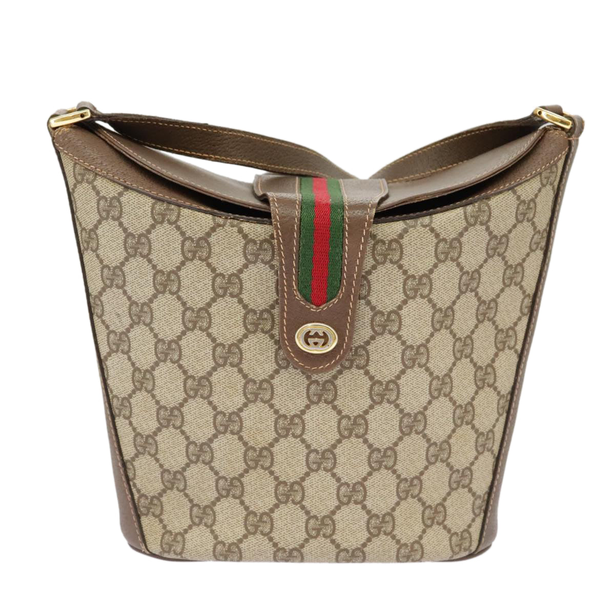 GUCCI GG Supreme Shoulder Bag PVC Beige Gold Web Sherry Line Auth 98280 - 0