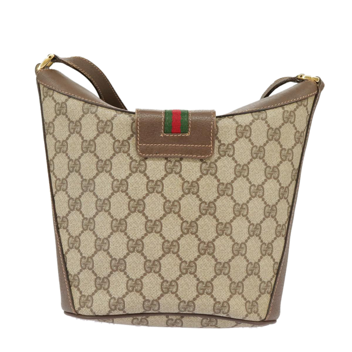 GUCCI GG Supreme Shoulder Bag PVC Beige Gold Web Sherry Line Auth 98280 - 0